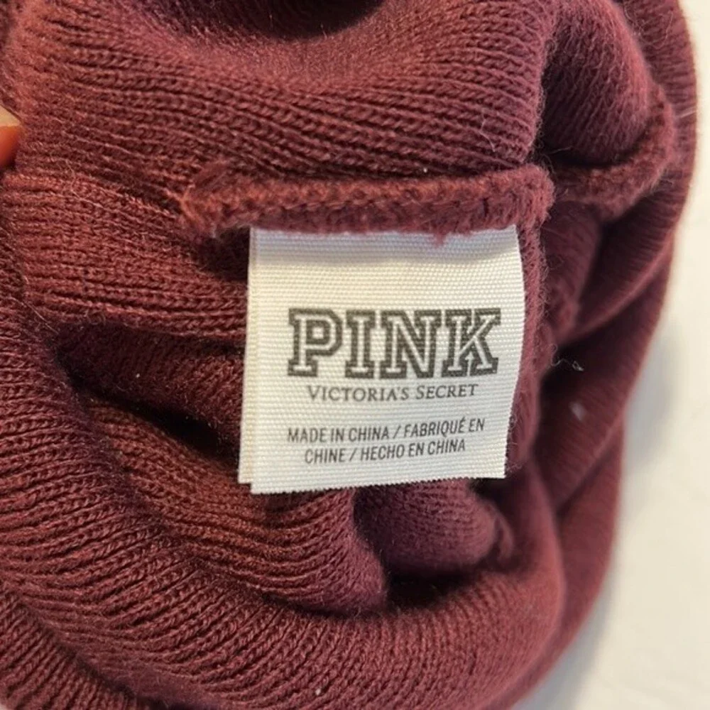 PINK Victoria's Secret Maroon White Beanie Hat Pom Pom OSFM Spell-Out One Size